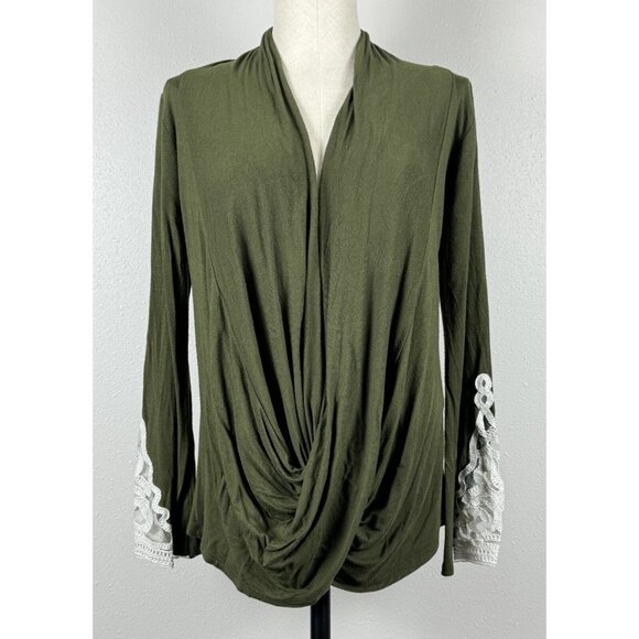 Sun Moon Womens Green Draped Cowl Neck Shirt Partial Lace Cuff Stretch Large? - Picture 1 of 12
